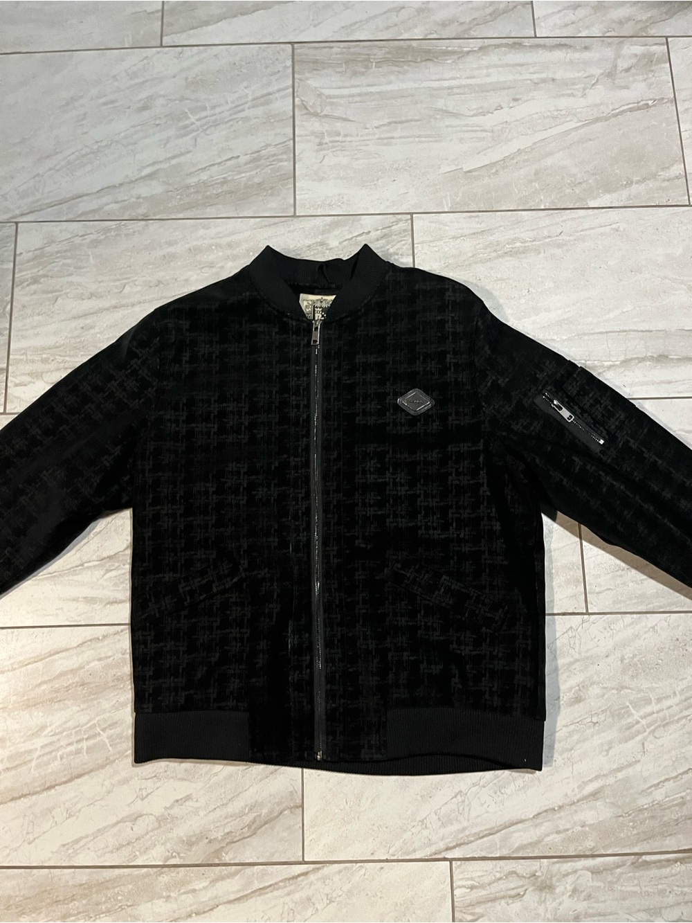 Men's Black Textured Bomber Jacket with Zip Front